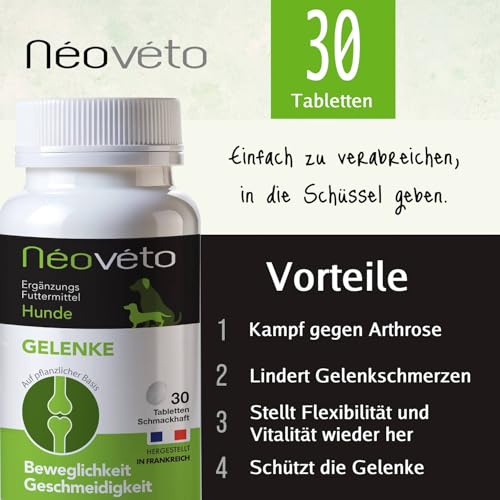 NEOVÉTO – Hundegelenke – 30 natürliche Tabletten – Arthrose bei Hunden – Entzündungshemmend – Vom Veterinärdienst zugelassene Wirkstoffe