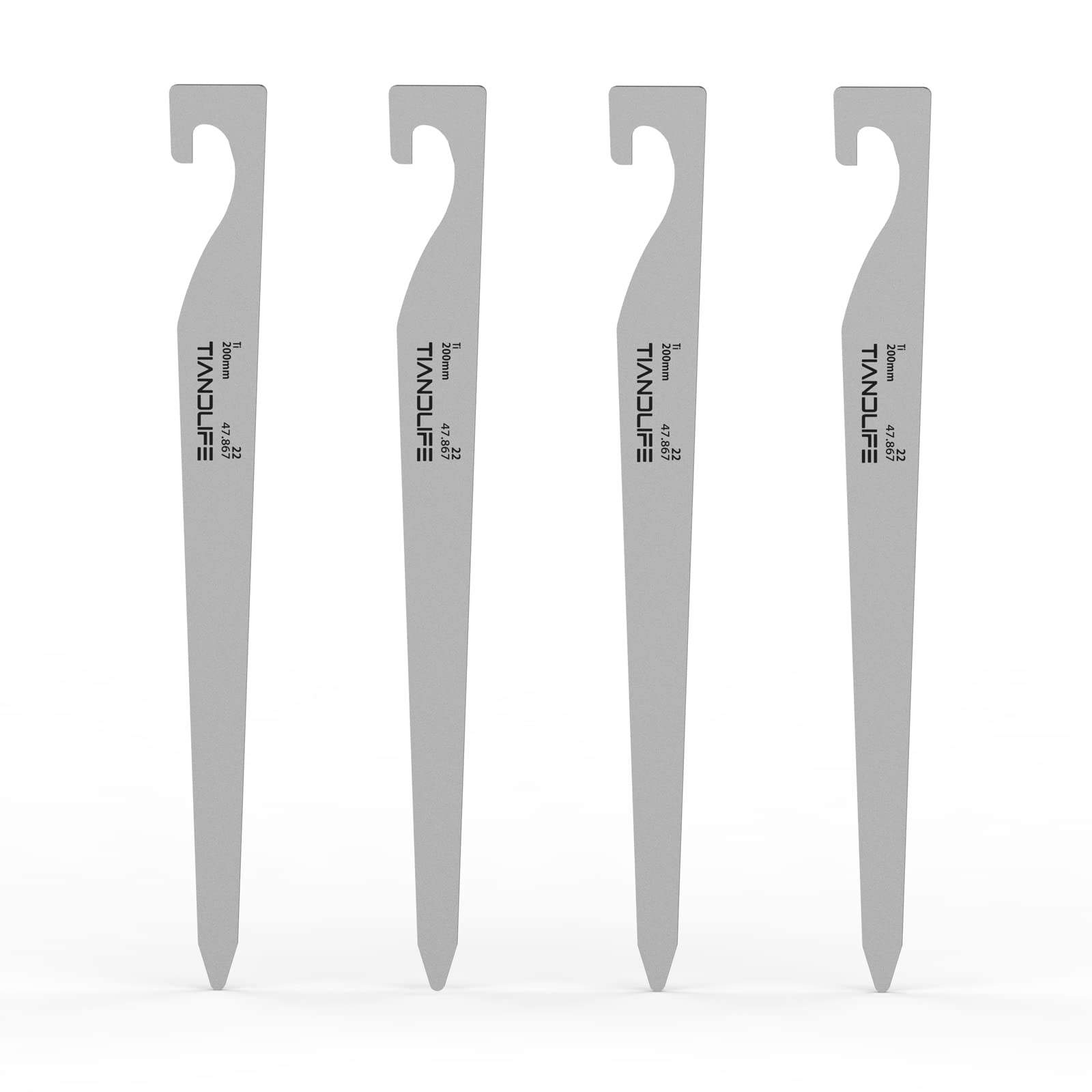 純チタン製テント用ペグ、20cm、4個セット、強靭、軽量、一体型、溶接なし、テント、ターポリン用
