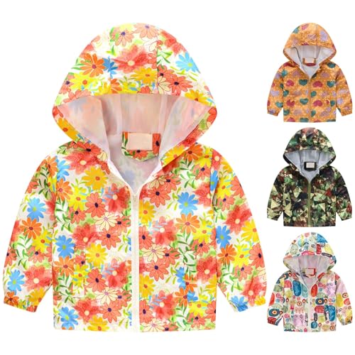 Kids Cute Cartoon Graphic Windbreaker Jacket Lightweight Hooded Rainproof Coat Outdoor Hiking Windproof Jacket