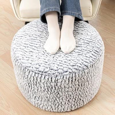 AbunHeri Stuffed Pouf Ottoman, Ottoman Pouf for Living Room Bedroom Floor Storage Pouf Footstools, Round Foot Rest Stool 20"x20"x12" with Filler (Grey White)