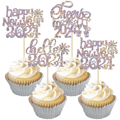 Gyufise 24pcs Happy New Year 2024 Cupcake Toppers Glitter Fireworks Hello 2024 New Year Cupcake Picks for Cheers to 2024 Holiday Party Cake Decorations Supplies Laser Silver