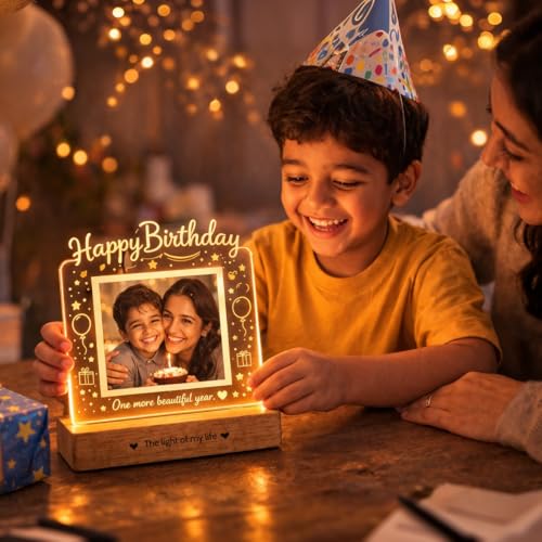 Image of ZOCI VOCI Birthday Gift for Wife - Personalized Photo Frame LED Light | Happy Birthday Acrylic Lamp with Wooden Base with Changeable Photos | Customized Gifts for Women, Her, Men, Him, Husband, Dad, Mom & Kids