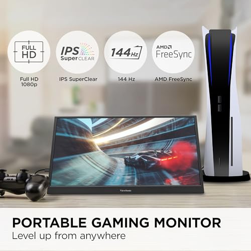 Image of ViewSonic VX1754 17 Inch 1080p Portable Gaming Monitor, IPS Display with 144Hz for Second Screen Productivity and High-Speed Gameplay, Built-in Stand, 60W USB-C, and Mini HDMI Inputs