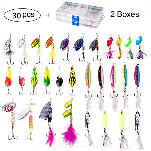 Dr.Fish Lot 30 Fishing Spinner Kit with 2 Tackle Boxes Spoon Fishing Lures for Bass Trout Assorted Mutiple Styles Spinnerbait Roostertail Walleye Salmon Travel Baits Full Kit