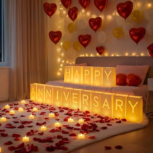 Image of Happy Anniversary Decoration, Light Up Letters Luminaries Signs with Flameless Candles and Fake Rose Petals, Anniversary Romantic Party Decor