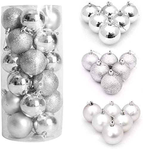 Dreamsdox 24Pcs Bolas de Navidad de 6cm, Adornos de Navidad para Arbol, Decoración de Bolas Navideños Inastillable Plástico de Rosa y Plata, Regalos de Colgantes de Navidad (6cm, Plata)
