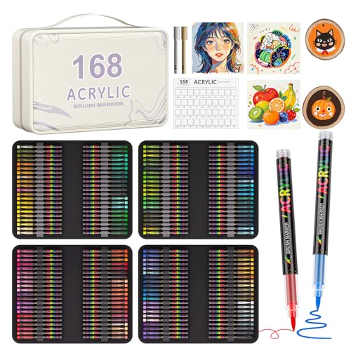 TrendGate 168+2 Couleurs Feutre Acrylique, Marqueur Peinture Acrylique Pinceau Pour Papier, Verre, Galet, Métal, Plastique, Bois, Oeuf, Céramique, Textile