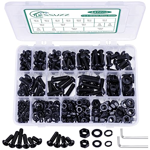 447PCS Metric Nuts and Bolts Assortment Kit - M6 M8 Screws Assortment, Assorted Machine Screws Nuts Washers with Hex Wrenches, Grade 10.9 Alloy Steel Black Oxide Button Head Hex Socket Cap Screw Set