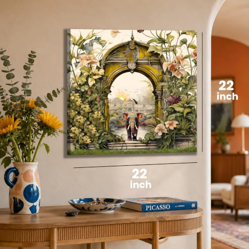 Image of PAINTINGMANTRA Stretched Canvas Painting Mughal Garden with Elephant Modern Wall for Home Decor, Living Room, Wall Decoration Paintings (Green, Size: 22x22 Inch)