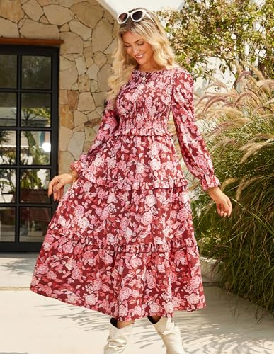 GRACE KARIN Women's Floral Midi Dress 2025 Long Sleeve Fall Elegant Smocked Tiered Flowy Wedding Guest Dresses with Pockets4