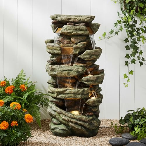 Image of SunJet 59 inch High Multi-Tiers Cascading Rock Outdoor Water Fountain with LED Lights - Large Outdoor Fountains and Waterfalls for Garden or Patio, Yard, and Deck Decor, Featuring Natural Stone Look