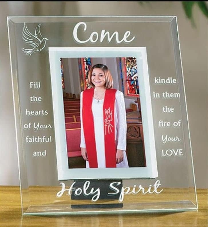 Come Holy Spirit Confirmation Tabletop Glass Picture Frame with Word Art-Holds 4''x6'' Photo (Portrait) Keepsake Gift for Both boys and Girls, Clear and White