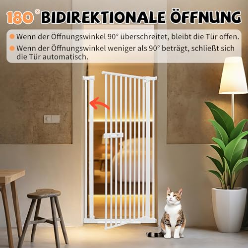 DunleyMin Schutzgitter für Haustiere Extra Hoch, Haustiergitter Extra Hoch mit Doppelverriegelung, 180° Türöffnung, Automatische Türschließung, Ohne Bohren (Weiß)