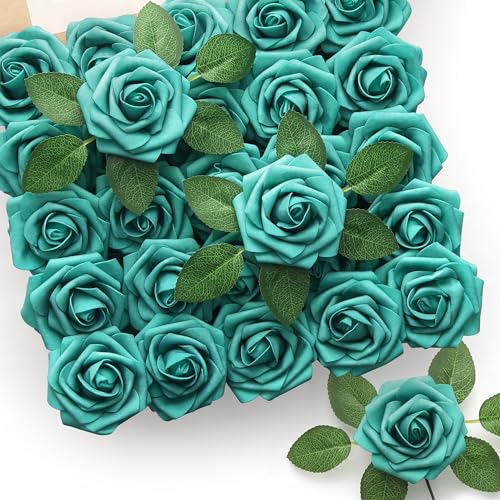 Mocoosy 50Pcs Rose Artificial Flowers Teal Green Fake Rose for Decorations Real Touch Turquoise Foam Roses Bulk with Stem DIY Wedding Bouquet Bridal Shower Centerpiece Floral Arrangement Party Decor