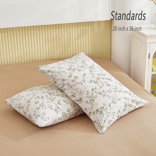 Image of ECOCOTT Pillowcase Standard Size Set of 2, Mini Green Leaves Pattern Printed Floral Pillow Cases - Soft and Breathable 100% Cotton Pillow Covers with Envelope Closure(Standard, 20 inchx26 inch)
