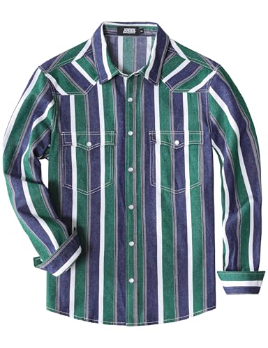JOGAL Mens Striped Western Shirts Long Sleeve Pearl Snap Casual Cowboy Shirt Regular Fit Work Shirts with Two Pockets