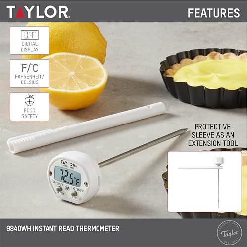 Image of Taylor Instant Read Digital Meat Thermometer for Grill, BBQ & Kitchen, NSF Approved, Fast Internal Temperature Readings, F /C Switchable Display, Battery Included, Pocket Sleeve Clip, White