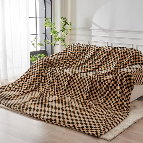 FY FIBER HOUSE Oversized King Blanket 120"x120" Seamless Extra Large 10'x10' Huge Checkered Flannel Fleece Bed Blanket Soft Cozy for Couch Office Sofa, Black Brown