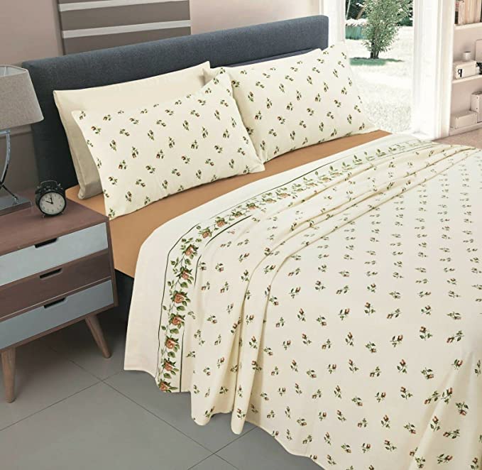 NZ Rose Bud Floral Pattern Flannelette 100% Natural Brushed Cotton Thermal Fitted and Flat Sheet Set With Pillowcases (Natural, Single Size Sheet Set)