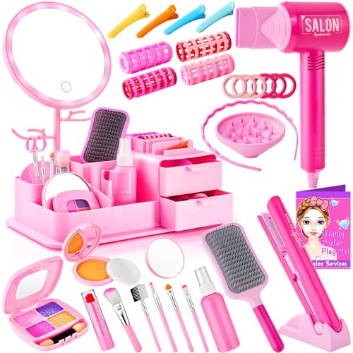 Beauty Salon Play Set with Vanity, Kids Hair Salon Girls Toys Pretend Play Makeup Sets with Light Mirror, Hair Dryer, Hair Straightener and Styling Accessories for Toddlers 3 4 5 Years