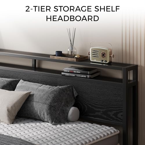 Image of LIKIMIO California King Bed Frame with Headboard, Dark Wood Camas California King with Strong Supports, Sturdy, Noise-Free, No Box Spring Needed, Black