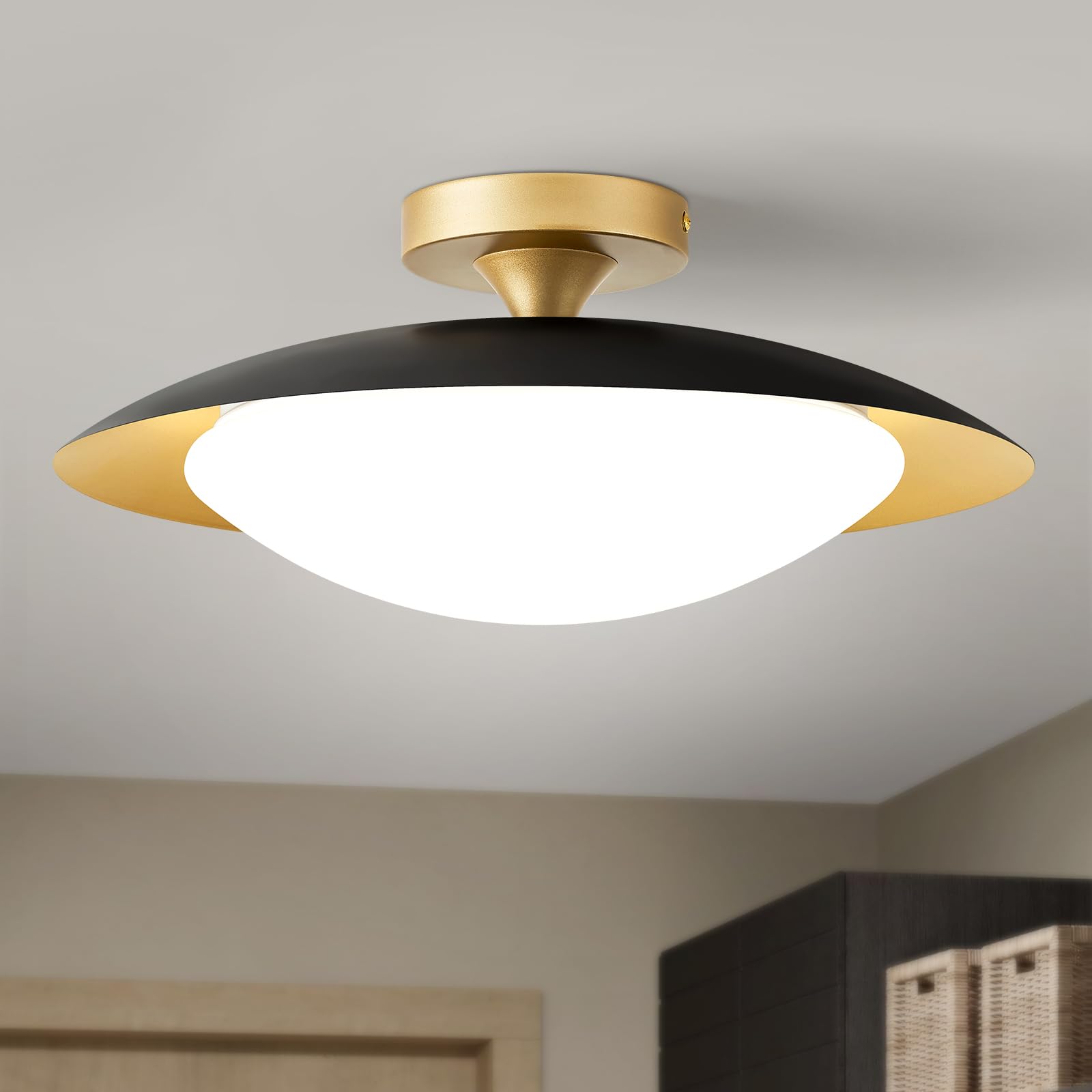 Dimmable Mid Century Modern Semi Flush Mount Ceiling Light with Acrylic  Shade,Black Gold LED Ceiling Light,5CCT 2700K-6000K Light Fxiture for  Hallway