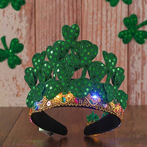 Gortin Led St Patricks Day Headband Green Clover Crown Light Up Irish Tiara Crown Headpiece Holiday Hair Hoops Accessories Party Cosplay Headwear For St Patricks Day Decoration For Women And Men #TOP1