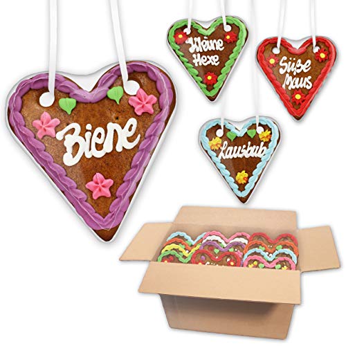 64 Stück Lebkuchen Herzen Mischkarton mit gemischten Wiesn Sprüchen - 14cm Lebkuchenherzen - Gastgeschenke für Oktoberfest Mottoparty - Bunte Lebkuchenherz Deko für Ihr Oktoberfest LEBKUCHEN WELT