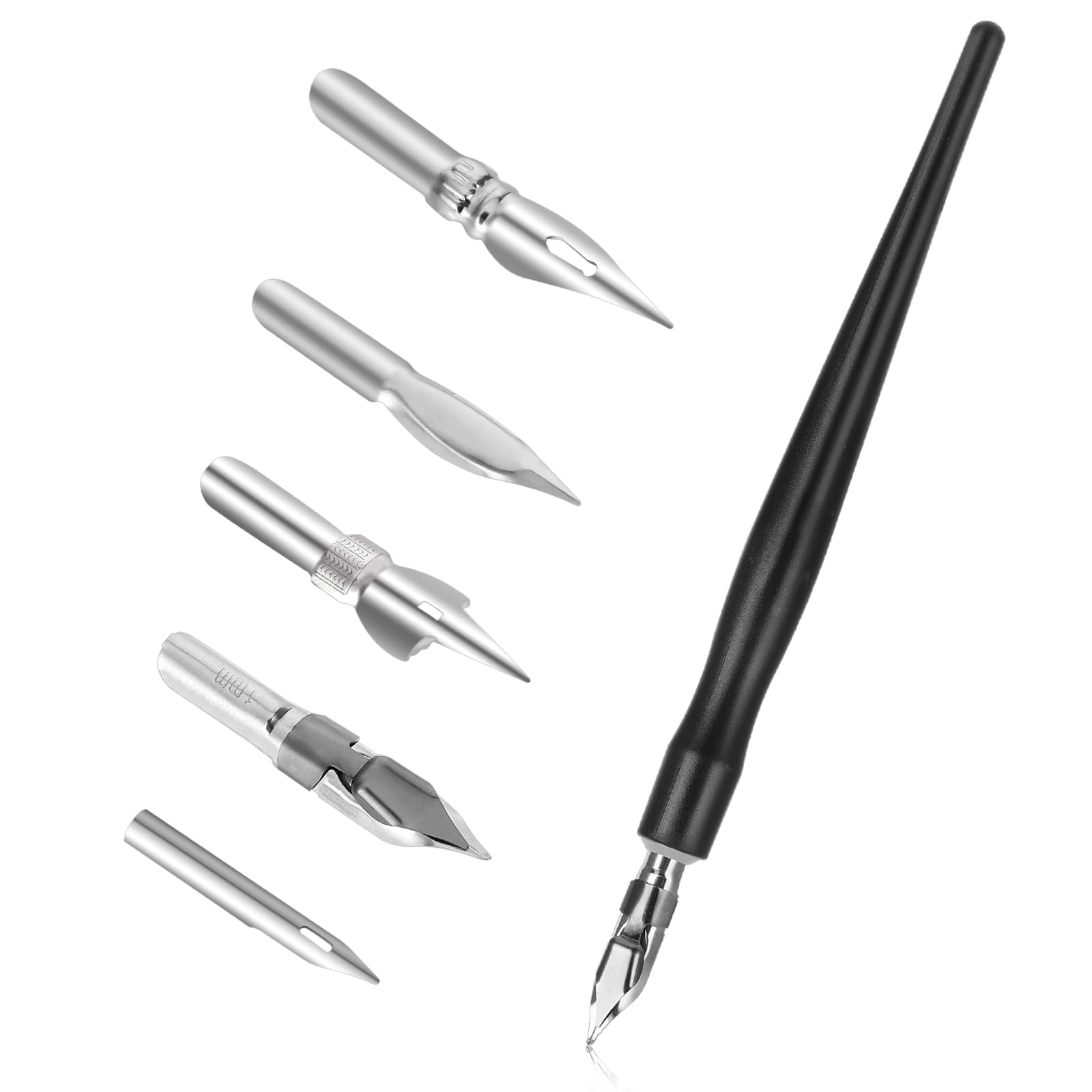 Oblique Calligraphy Pens Dip Set, Comic Pen Nib Set, Fluid Writer Pen, Calligraphy Dip Pen and Nibs Set Drawing with 5pcs Stainless Steel Pen Nibs Replacement Nibs Nib for Writing, Painting, Signing black6pcs
