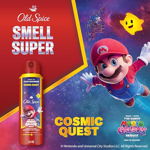 Image of Old Spice Aluminum Free Body Spray for Men, Old Spice x The Super Mario Galaxy Movie, 24 /7 Lasting Freshness, Lasting Odor Protection, Smell Super with Cosmic Quest, Star Showers Scent, 5.1 oz