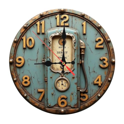 Vintage Gas Pump Industrial Wooden Wall Clock with Steampunk Details 25x25cm