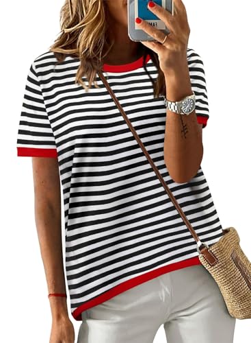 KISSMODA Womens Casual Tops Summer Short Sleeve T Shirt Striped Color Block Pullover Blouses