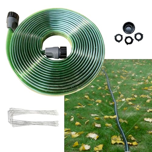 SECBULK 25FT Flat Sprinkler Hose for Lawn Watering Garden Soaker Hose with Holes, Heavy Duty Lightweight No-Kink Water Hose with Stakes, Irrigation Hose, Great Fun for Kids and Dog