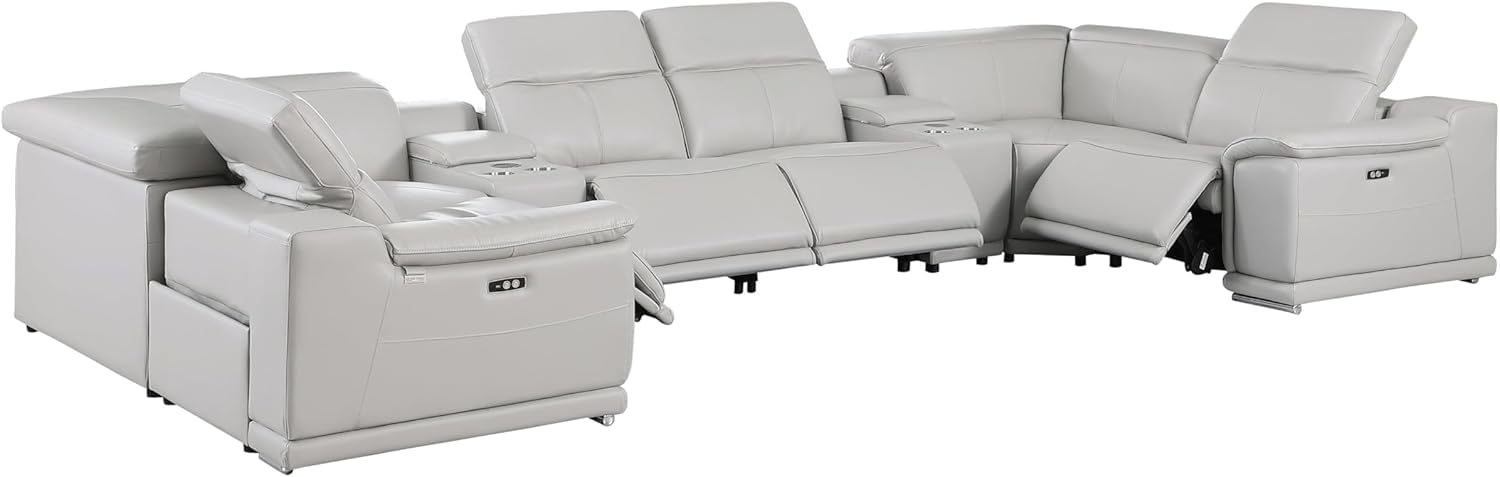 Blackjack Furniture Venice 8-Piece Top Grain Italian Leather Sectional Reclining Sofa Set with 4 Power Recliners, Adjustable Headrests, USB, Wireless Phone Charger &amp; Console Storage, Light Grey