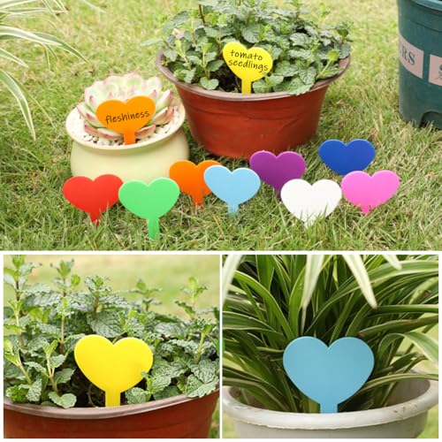 Image of HASTHIP 100-Count Colorful Heart-Shaped Plant Tags, 1.8'' Weatherproof PP Plant Label Name Tags for Garden, Herb, and Flower Pot Use