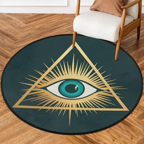 Mexpekil Alfombra redonda bohemia étnica verde azulado contra el mal de ojo, 92 cm, antideslizante, lavable, absorbente, alfombra circular para el suelo, para sala de estar y dormitorio