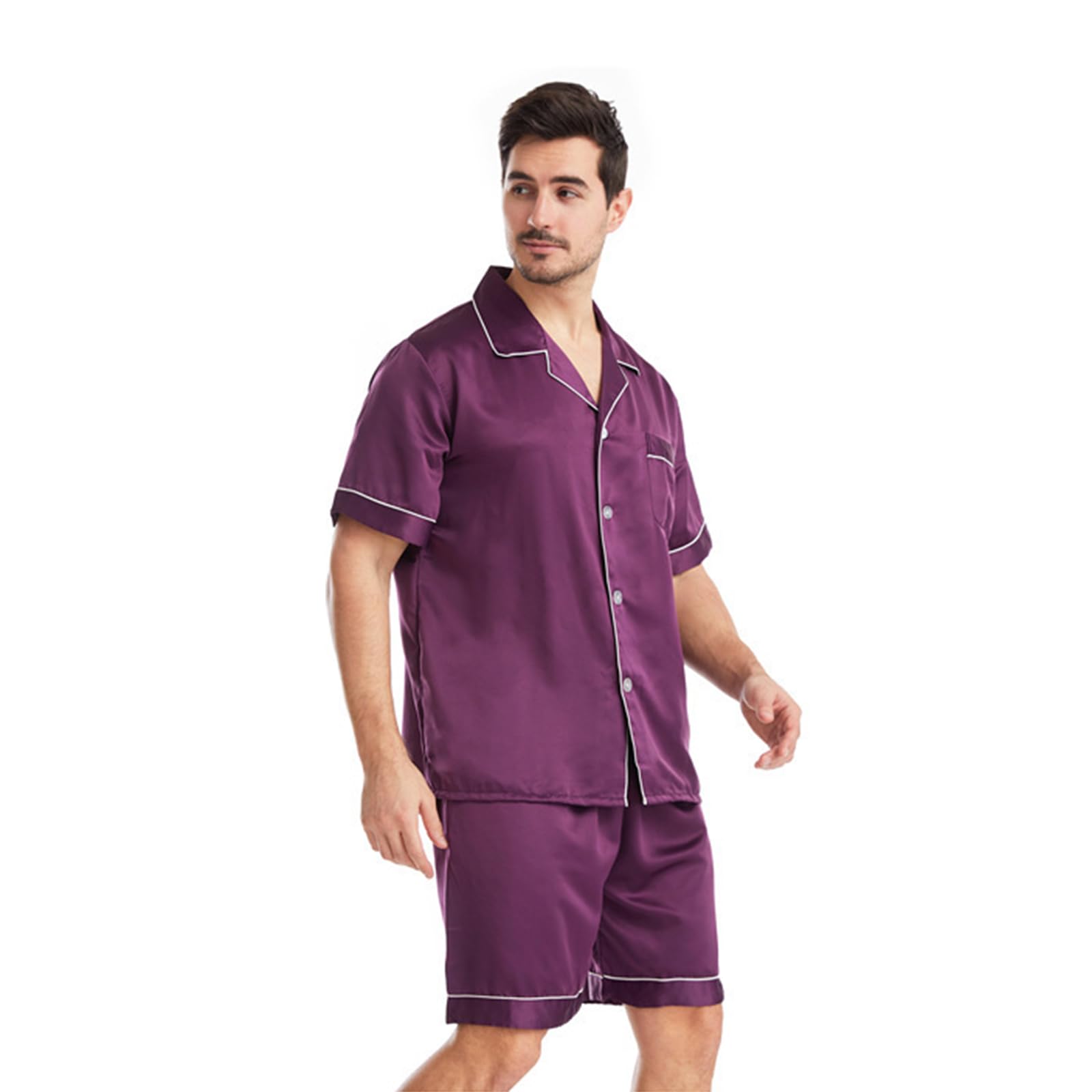 Uomo 2 Pezzi Seta Pigiama Set Manica Corta Morbido Raso Pigiameria Pulsante Giù Pjs Set con Tasche