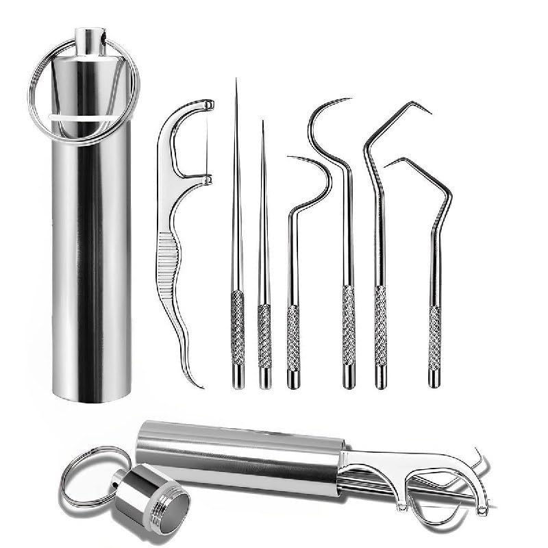 XIBO Teeth Cleaning Tool Kit Stainless Steel Teeth Cleaning Tool Kit | Portable Toothpicks Pocket Set | Dental Hygiene Kit Toothpicks Flosser for Outdoor Picnic Camping Traveling.-picture-21