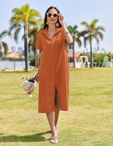 Image of HOTOUCH Womens Dress Summer Casual Midi Short Sleeve Button Down Shirt Dresses Beach Cover Up with Pockets