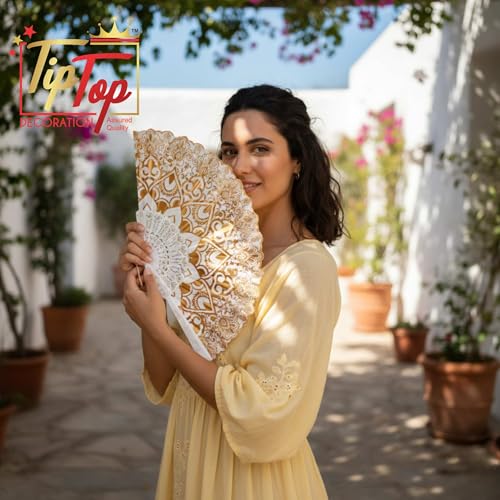 Image of Royal Gold Floral Japanese Handheld Folding Hand Fan (Heritage Edition) (Egyptian Majesty, Pack of 1 Piece)