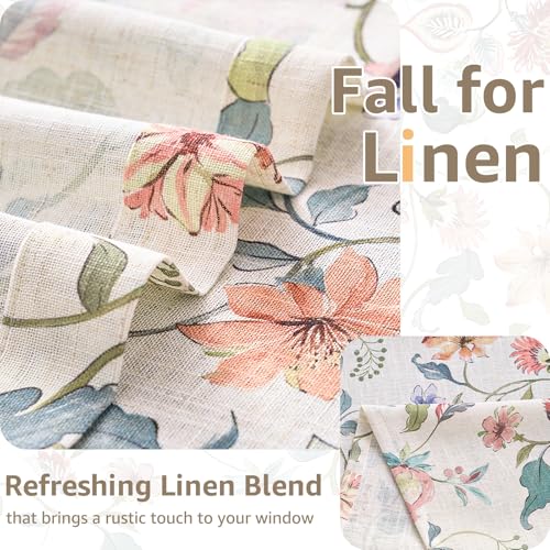 Image of jinchan Hattie Floral French Door Curtain 40 Inch Length Vintage Cottage Core Farmhouse Linen Decor for Glass Door Light Filtering 1 Panel with Tie Up Bow Rod Pocket Beige