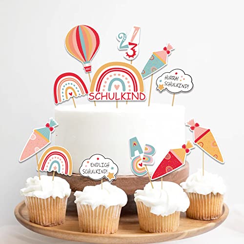 Tortendeko zur Einschulung, 12-teilig Regenbogen Schulanfang Cupcake Toppers, Schuleinführung Kuchen Fondant Muffins Zucker Dekorationen, für Junge Mädchen 1. Schultag Party Deko - Beidseitig Bedruckt Cover