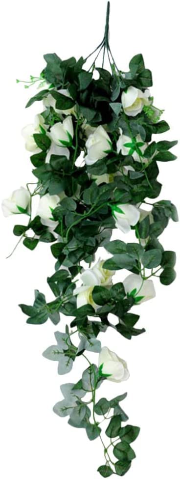 Floral Teardrop Swag Artificial Rose Flower Swag Front Door Garland Fake Plant Ivy Branch for Wedding Home Wall Decoration - White