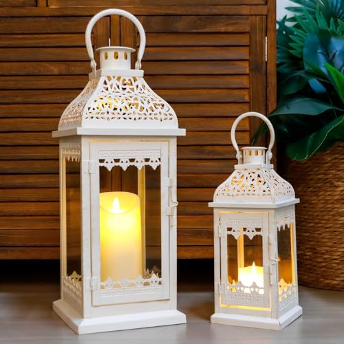 JHY DESIGN 2er-Set 33 & 50 cm H Dekorative Kerzenlaternen, Vintage-Hängelaterne, Metall-Kerzenhalter für Garten, Wohnzimmer, Innen- und Außenbereich, Partys, Hochzeiten, Balkon (Beige mit Goldbürste)