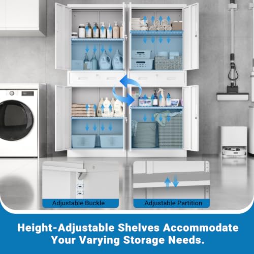 Image of Metal Storage Cabinet with Lock Door, Adjustable Shelves, 1 Drawer