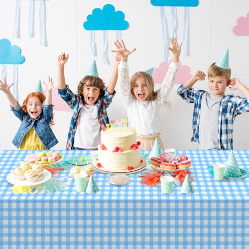 Image of 3Pack Light Blue and White Plastic Checkered Tablecloth, Premium Decorative Disposable Light Blue Gingham Plaid Tablecloth for Party, Rectangle Party Table Cover for Picnic Farm Birthday, 54x108 Inch