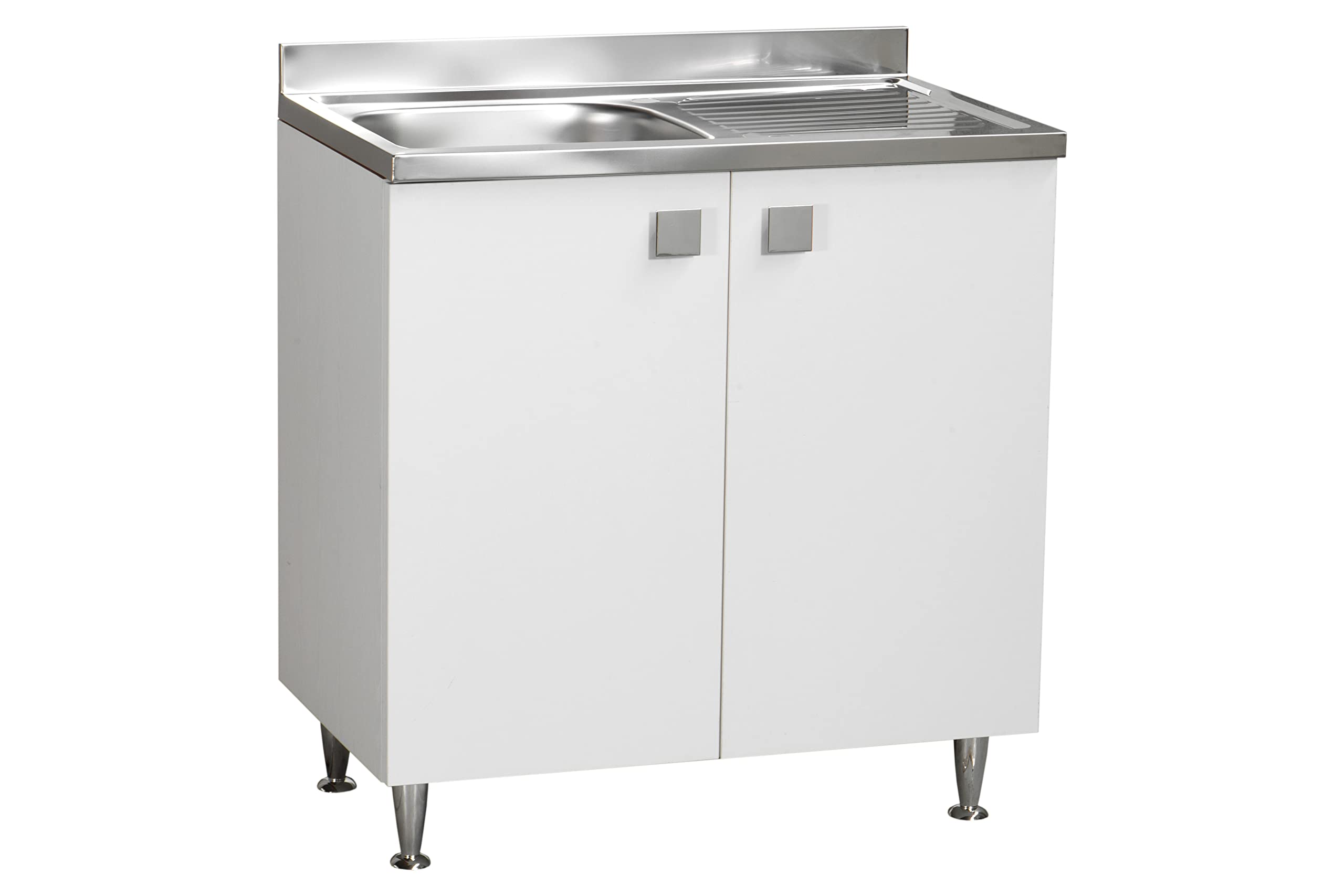 Mueble de Cocina bajo Lavabo con Fregadero bañera Izquierda o Derecha, de Acero con escurridor, 2 Puertas en Blanco Fresno, 80 x 50 x 88 cm