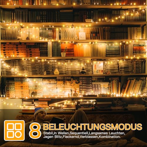 Ollny LED Lichterkette außen 20m 200LED, Lichterketten Strombetrieben mit Fernbedienung und Timer, 8 Modi IP44 Wasserdicht Warmweiß für aussen und innen Garten Hochzeit Party