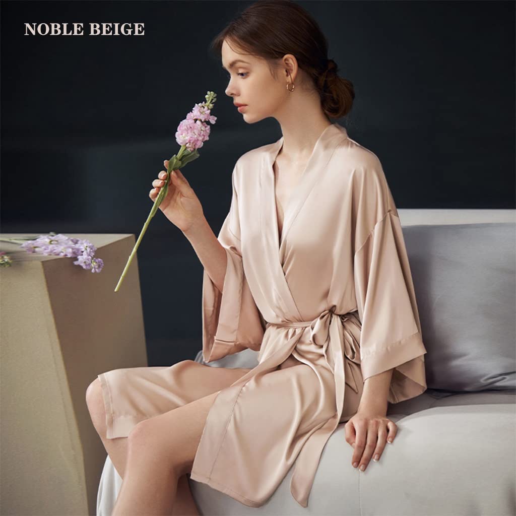 MTFBQ Seidenpyjamas Nachthemd Für Frauen Neuer Sommer Eisseide Dünnes Nachthemd Sexy Bademantel Brautjungfer Hochzeit Morgenmantel Langarm Knielänge (Color : Beige, Size : S-84cm)