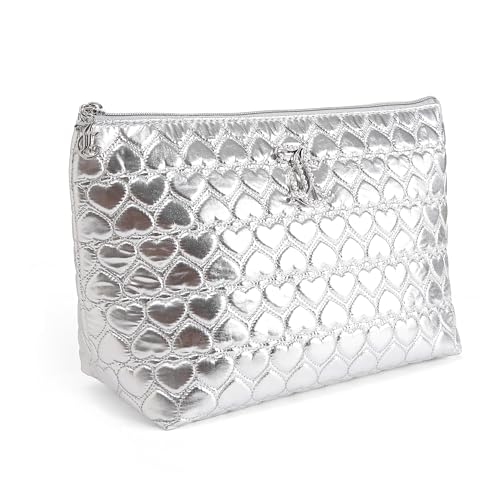 Juicy Couture Silver Makeup Bag Cosmetics Organizer Travel Essentials Top Zip Pouch Shiny Quilted Heart2
